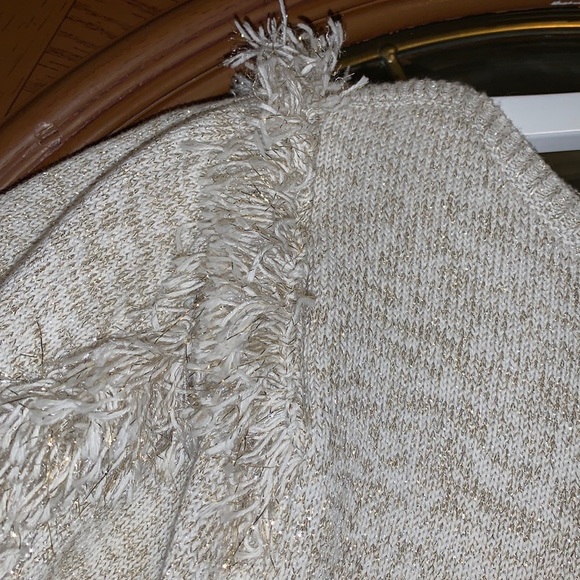 Ann Taylor Beige & Metallic Gold Shimmer Fringe Detail Puff Sleeve Sweater - Picture 10 of 16